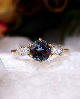 SOLIVINE Round Cut Alexandrite Moissanite Two Side Stones Engagement Ring